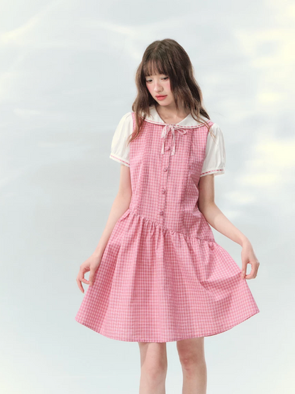“Peach Plaid Academy” Pink Plaid Peter Pan Dress LL2026152