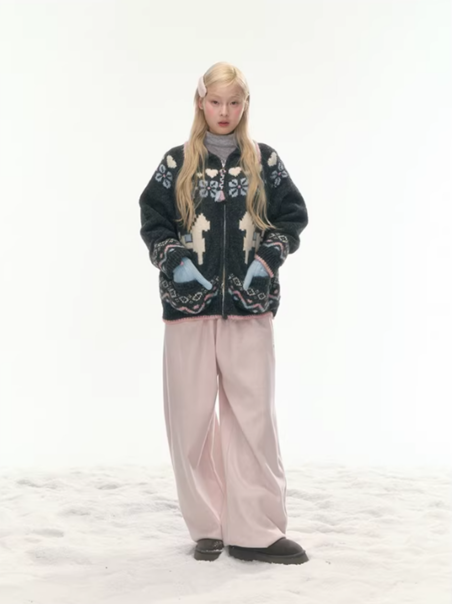 "Nordic Fairytale" Charcoal Pony Zip-Up Knit Cardigan WW2025449