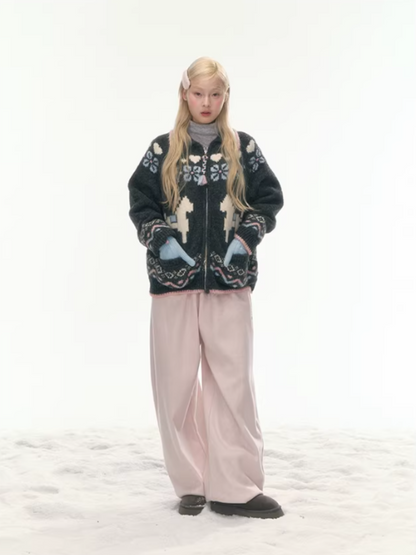 "Nordic Fairytale" Charcoal Pony Zip-Up Knit Cardigan WW2025449