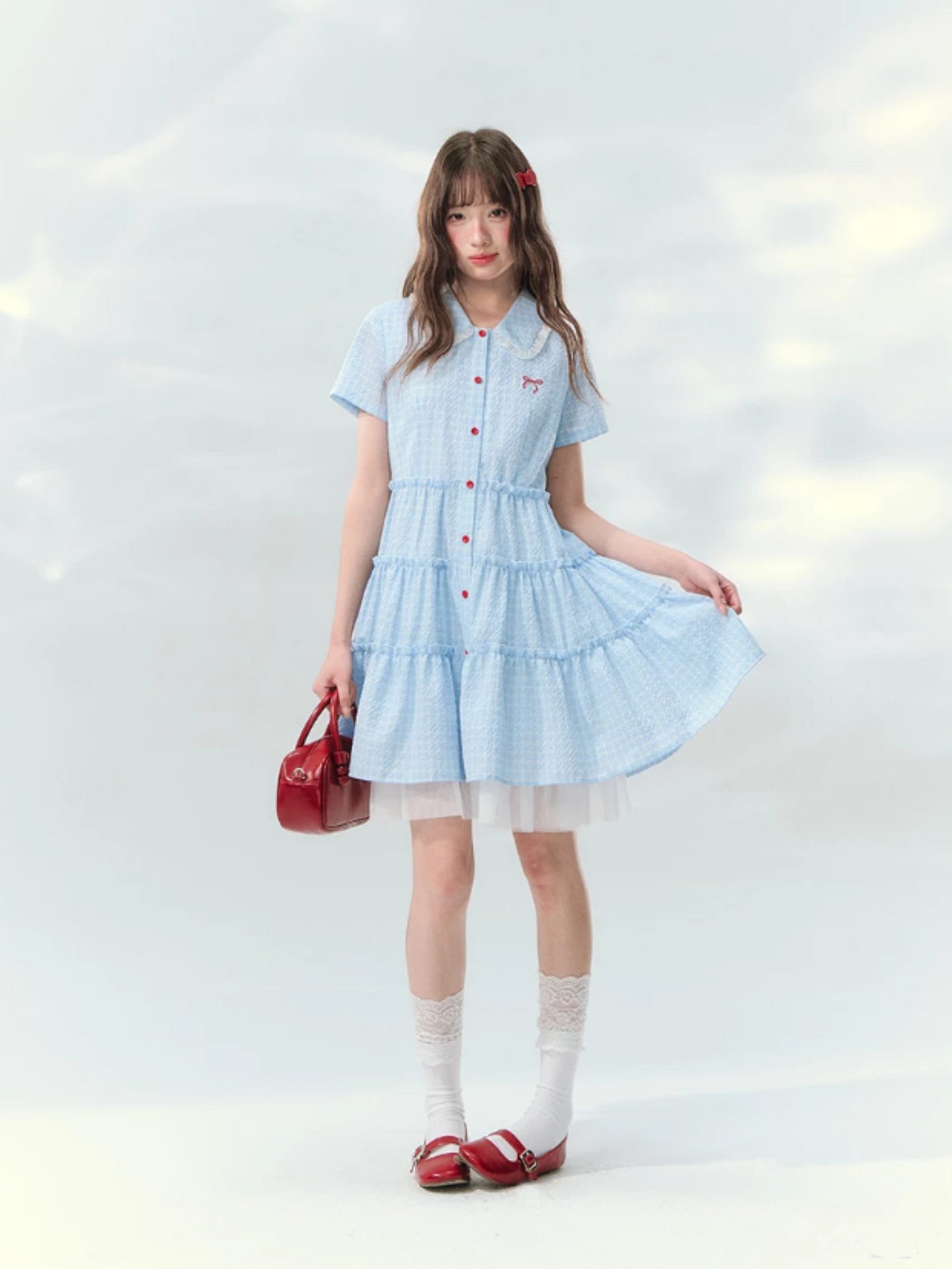 “Weaving Red Melody” Blue Plaid Tiered Ribbon Dress SJ2026125