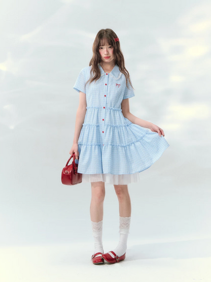 “Weaving Red Melody” Blue Plaid Tiered Ribbon Dress SJ2026125
