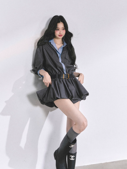 少也眼 Yale Preppy Puff Mini Dress Set with Shorts, Belt & Shawl (Gray)