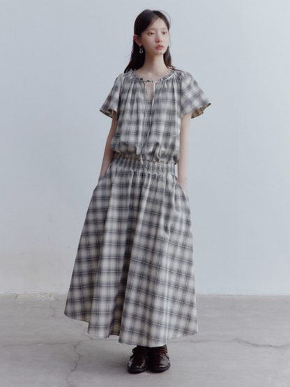FUSSED Berlin Street Gathered & Panel Dress – Black & White Dupling Check FOF-25SS150