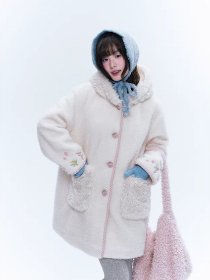 CREAMO2奶油氧气 - Soft Ivory Embroidered Teddy Wool-Style Midi Coat