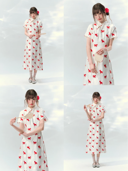 “Crimson Steed Reverie” Red Embroidered Cheongsam Dress LL2026165