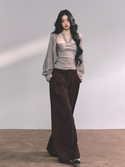 少也眼 French Oatmeal Beige Knit Top and Shawl Two-Piece Set