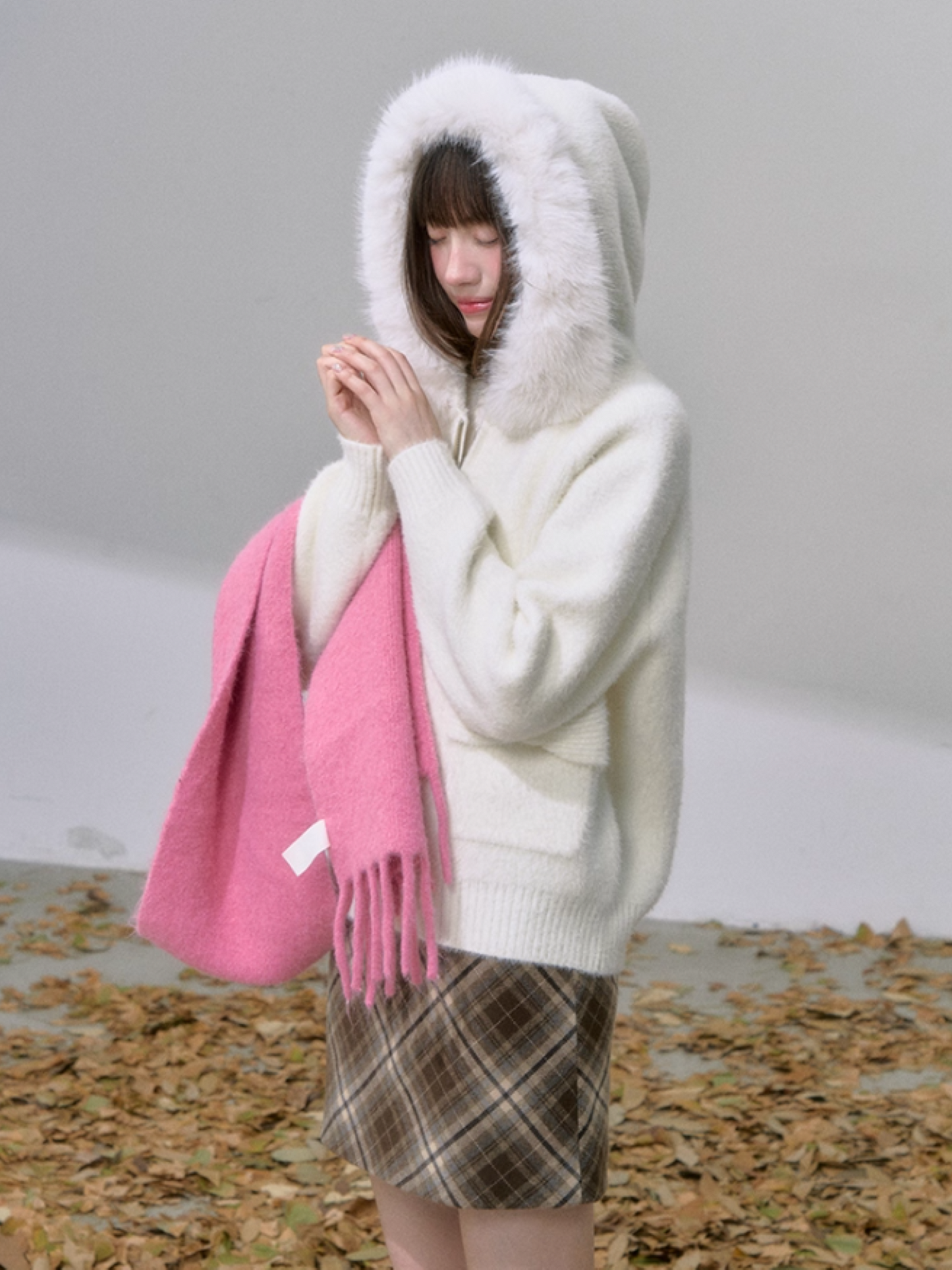 "糖霜玫境" Soft Girl Bow Pocket Hoodie Cardigan – Pastel Pink/ Milky White