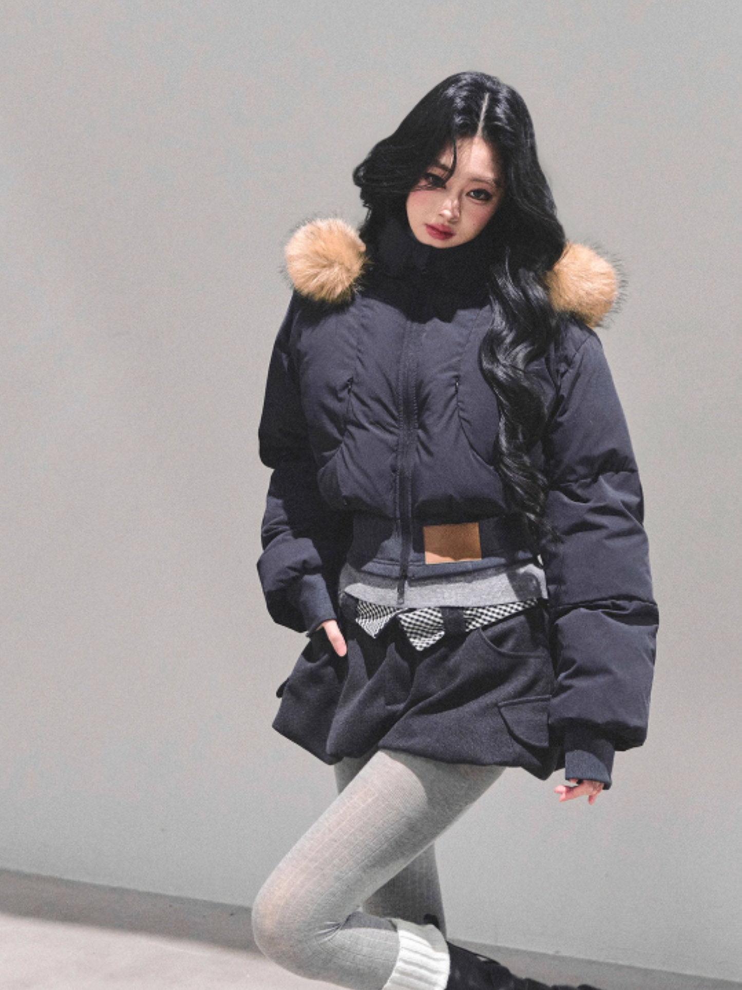 少也眼 Korean Preppy Short Puffer Jacket - Navy Blue