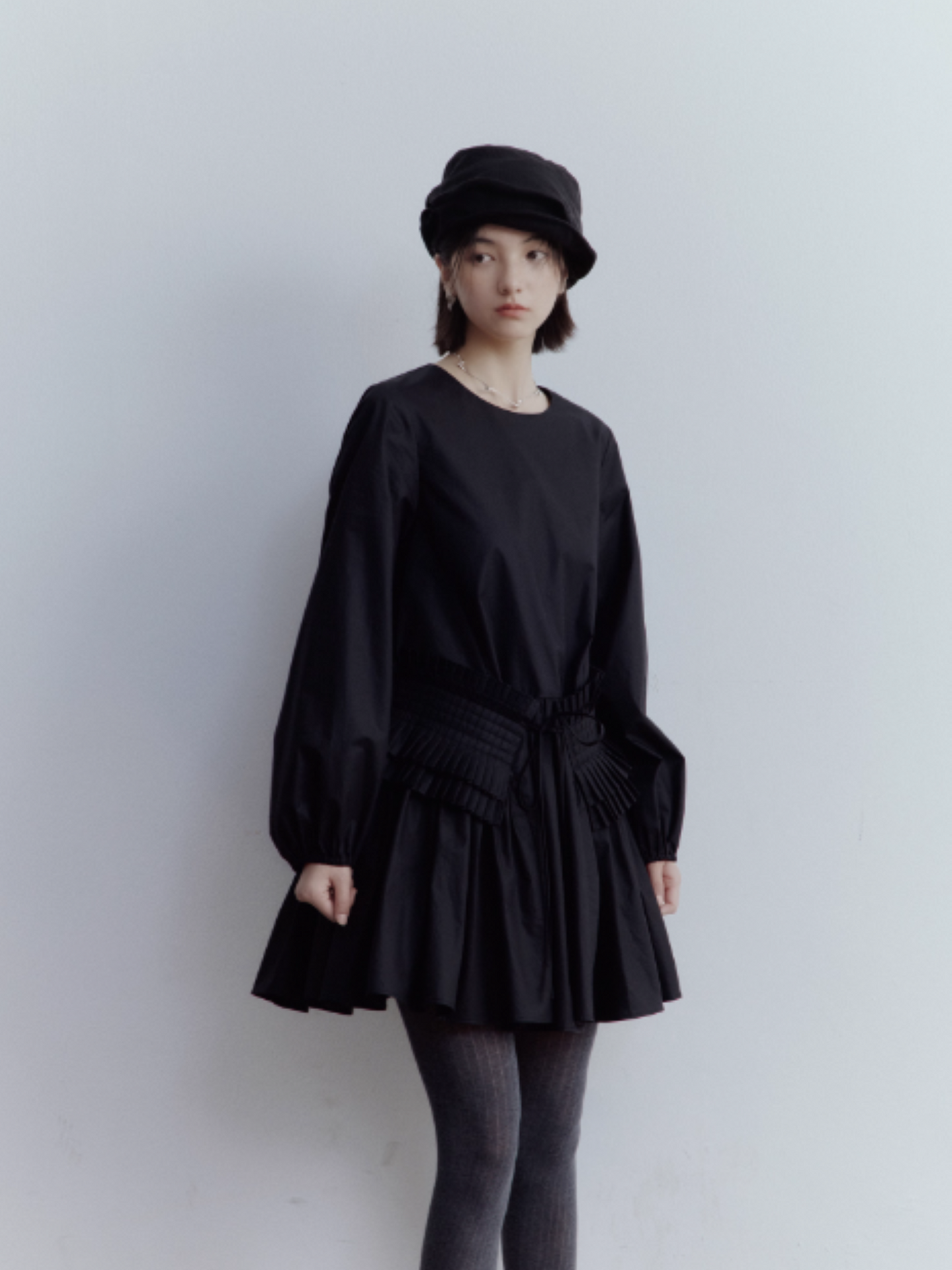 FUSSED Fragmented Dream Noir Pleated Cotton Doll Dress FOF-25SS159b