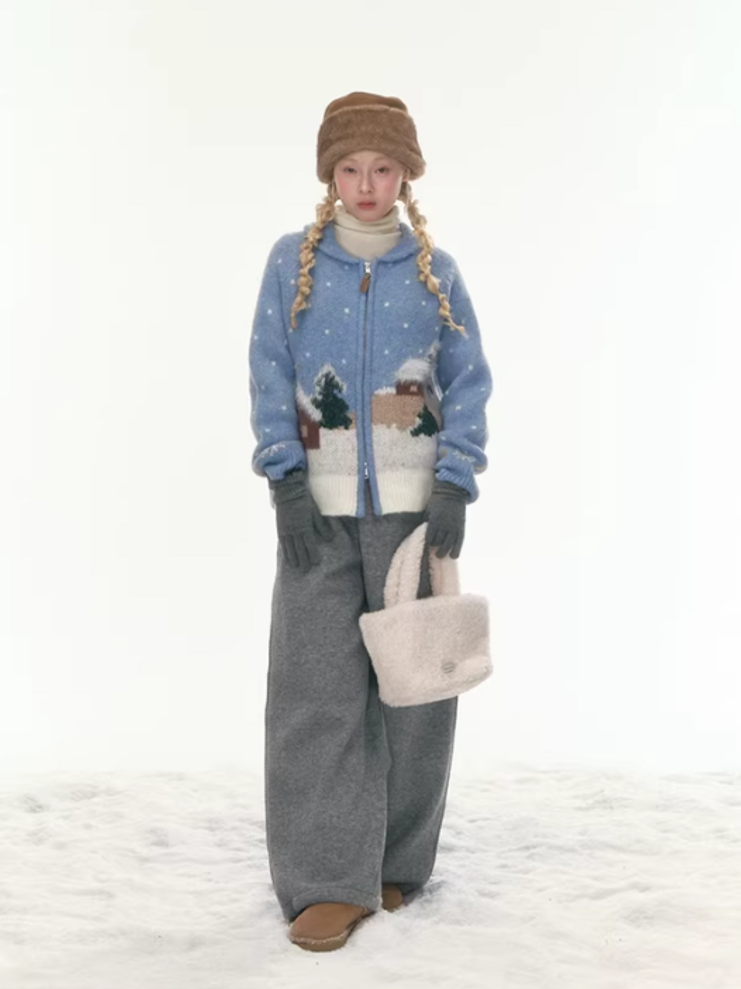 "Hand-Stitched Snow Fairytale" Blue Zip-Up Knit Cardigan LL2025448