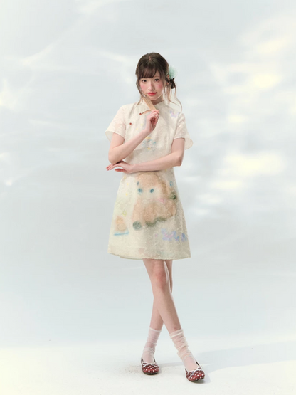 “Velvet Deer Whisper” Ivory Deer Print Cheongsam Dress LL2026174