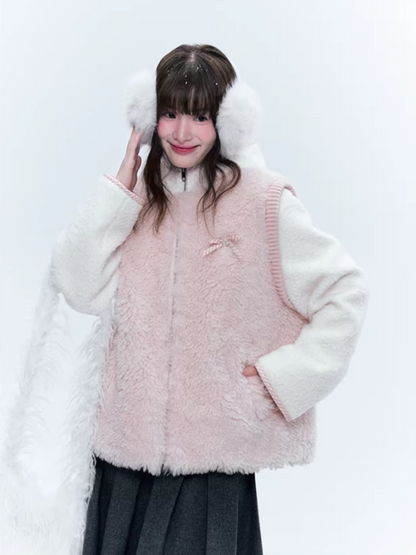 CREAMO2奶油氧气 - Pink & White Faux-Layered Teddy Padded Jacket