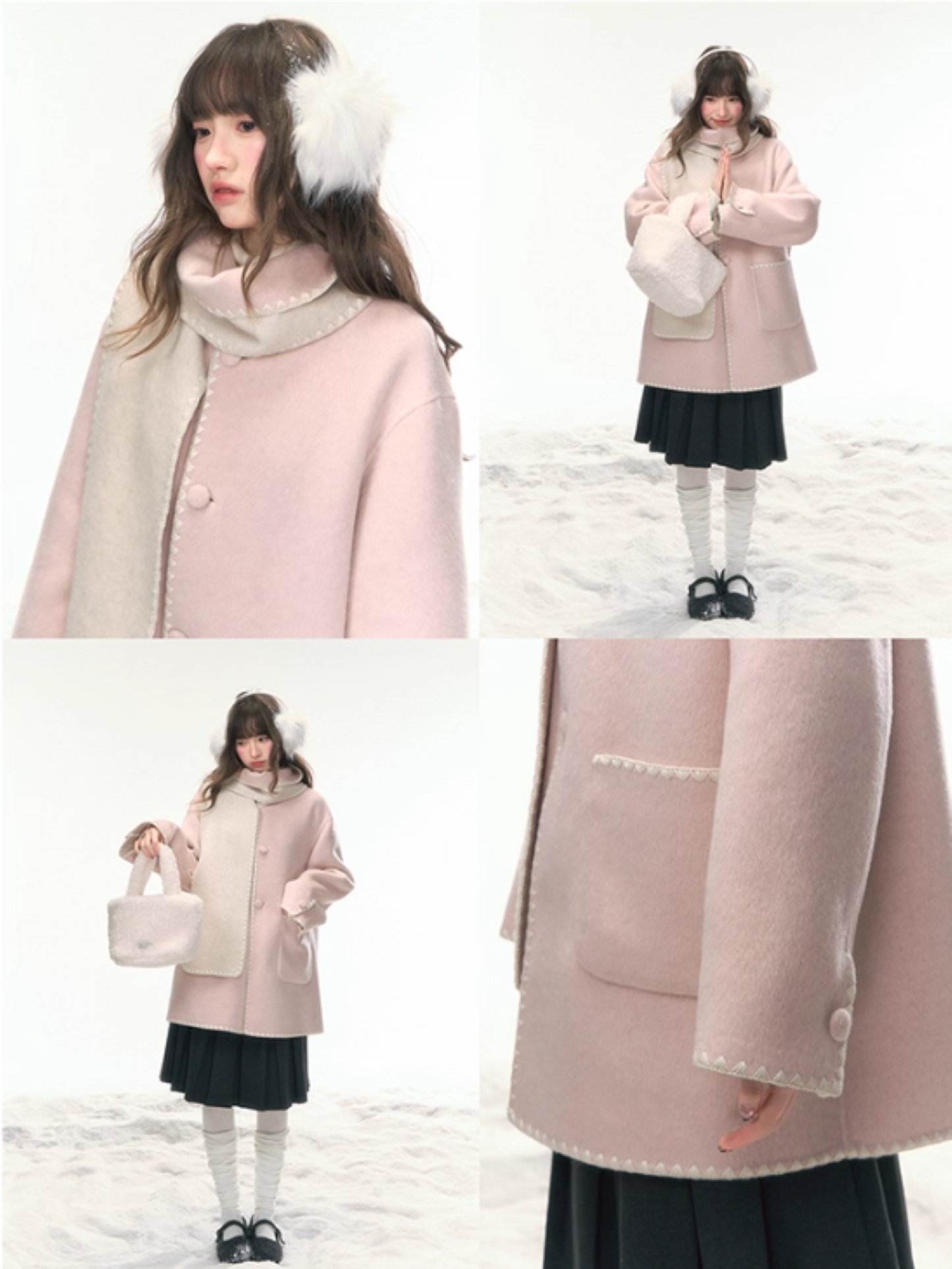 "Morning Verse & Night Poem" Reversible Wool Two-Tone Overcoat - Pink × White LL2025455