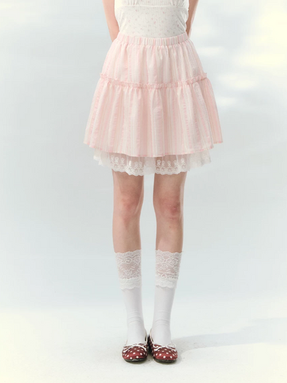 “Pink Mist Love Letter” Pink Stripe Lace Skirt Set LL2026161