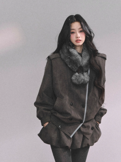 少也眼 Elegant French-Inspired Grey Jacket and Skirt Set