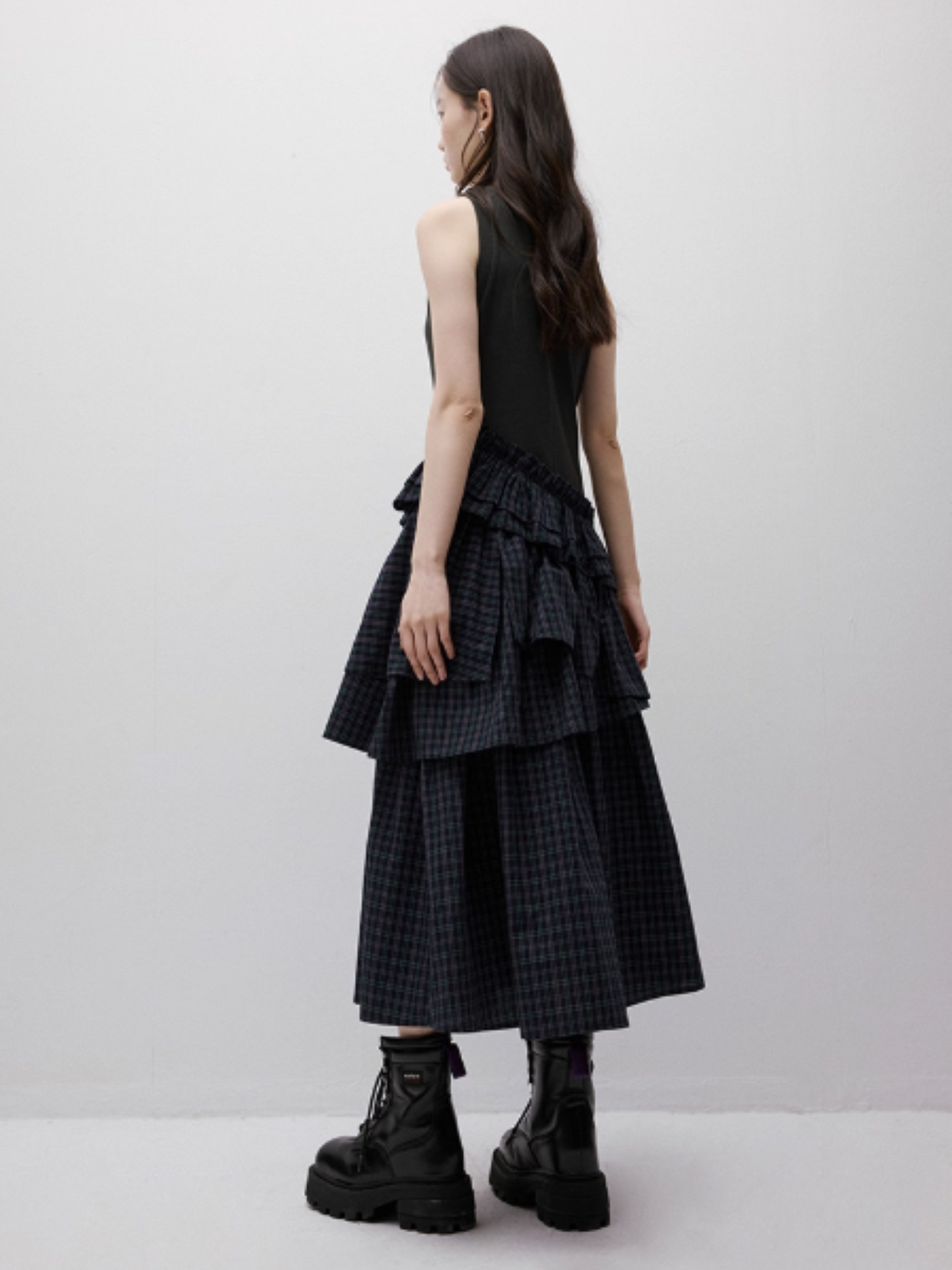 FUSSED Layered Asymmetric Patchwork Dress – British Blue Green FOF-25SS032