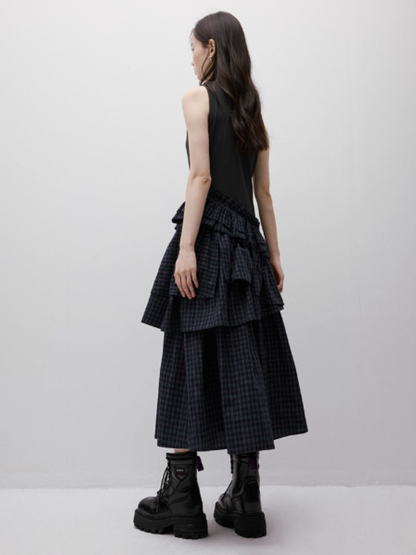 FUSSED Layered Asymmetric Patchwork Dress – British Blue Green FOF-25SS032
