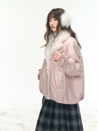 "Fuzzy Signal" Pale Pink PU-Trim 90% Down Jacket LL2025465