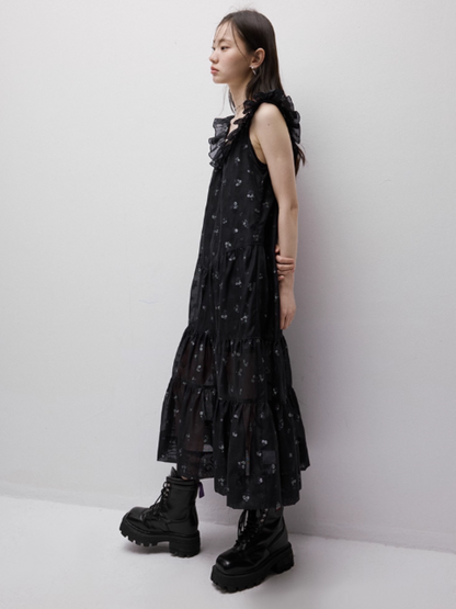 FUSSED Dropping Flora Burnout Floral Babydoll Maxi Dress – Dark Blue Floral FOF-25SS047b
