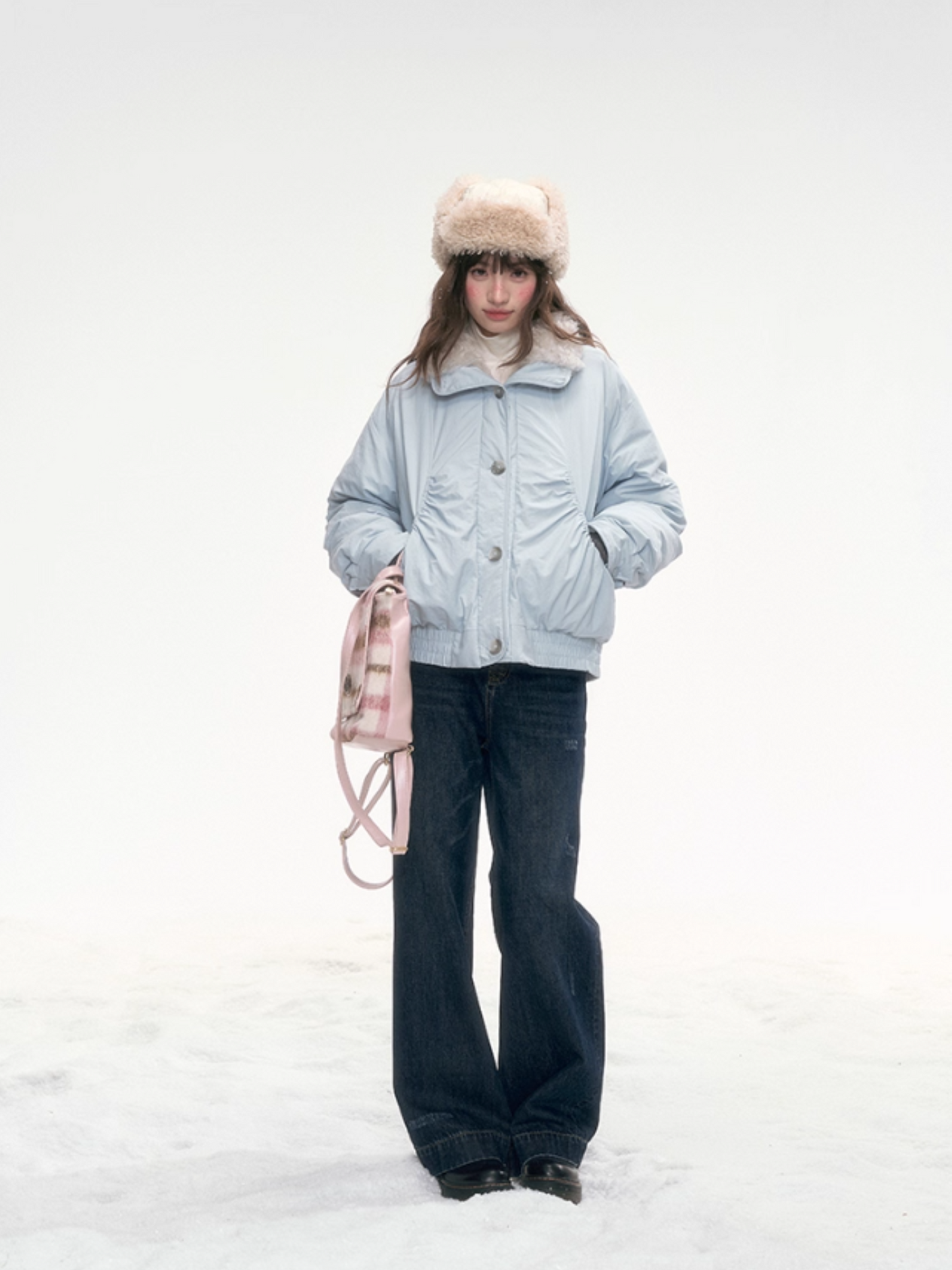"Soft Mist Cove" Contrast Collar Down Jacket – Sky Blue & Light Gray LL2025308