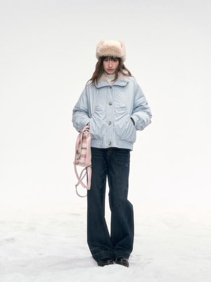 "Soft Mist Cove" Contrast Collar Down Jacket – Sky Blue & Light Gray LL2025308