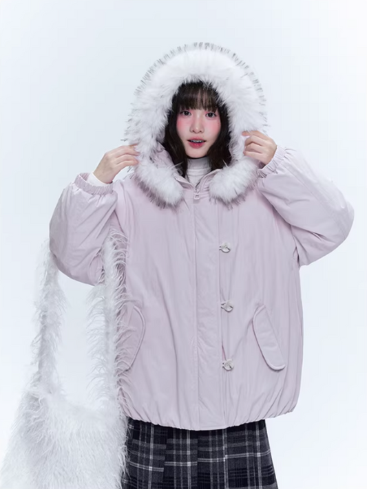 CREAMO2奶油氧气 - Soft Pink-Purple Detachable Fur Hooded Down Jacket
