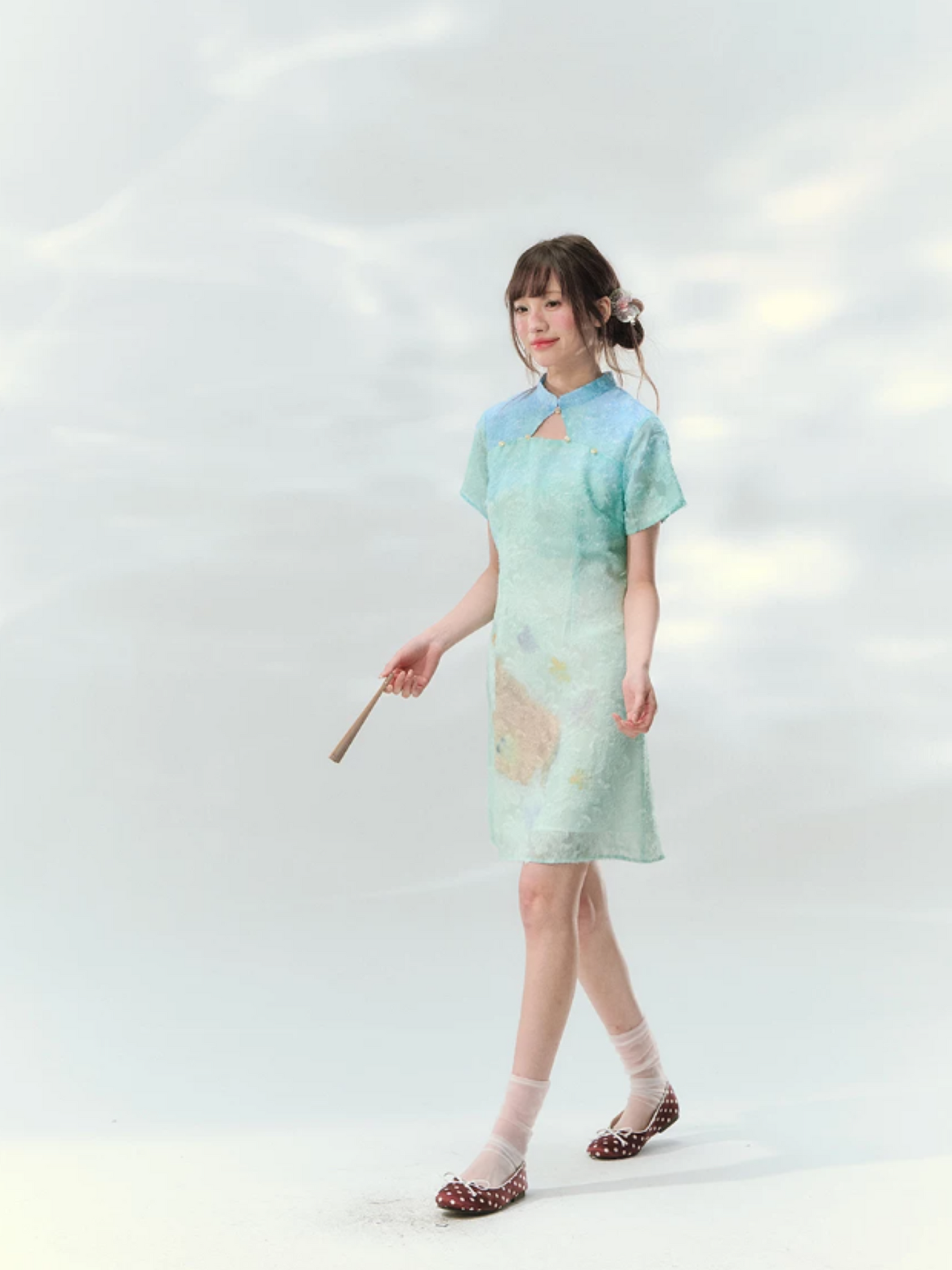 “Velvet Deer Whisper” Teal Deer Print Cheongsam Dress LL2026174