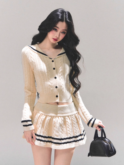 "晚风的低语" French Knit Co-ord Set – Beige Top & Mini Skirt