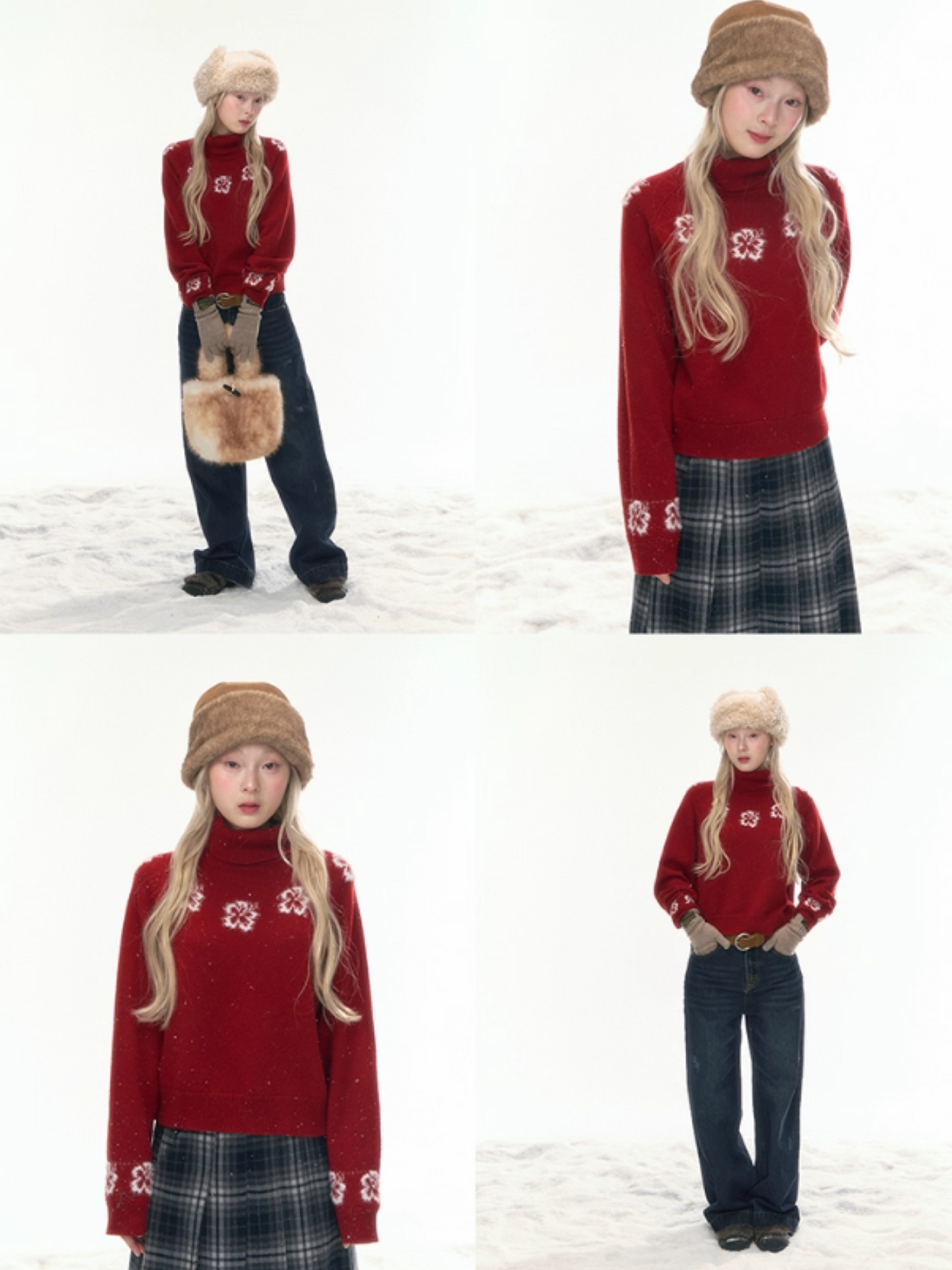 "Off-Season Garden" Red Jacquard Wool Turtleneck Knit Top LL2025304