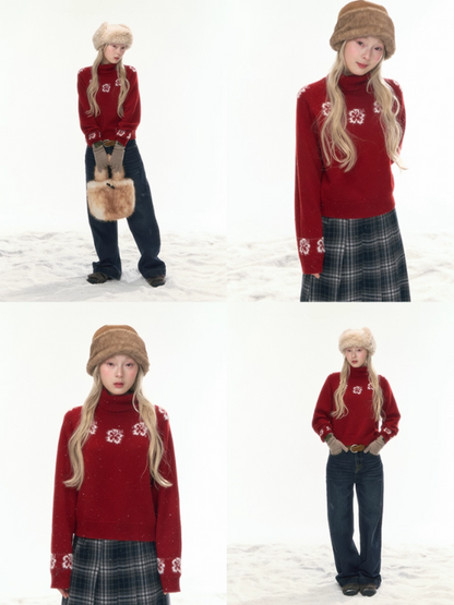 "Off-Season Garden" Red Jacquard Wool Turtleneck Knit Top LL2025304