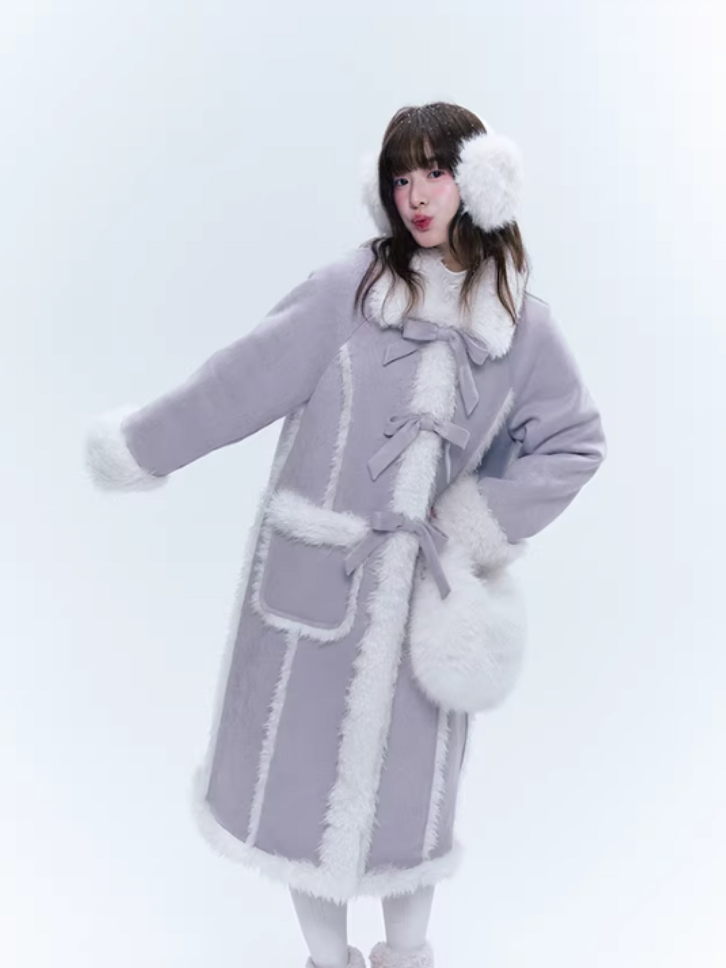 CREAMO2奶油氧气 - Taro Gray-Purple Bow-Tie Faux Suede & Teddy Midi Coat