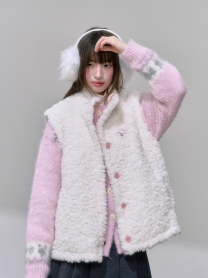 "格调翻转" Reversible Soft Girl Vest – Faux Fur & Pastel Pink Plaid Gilet