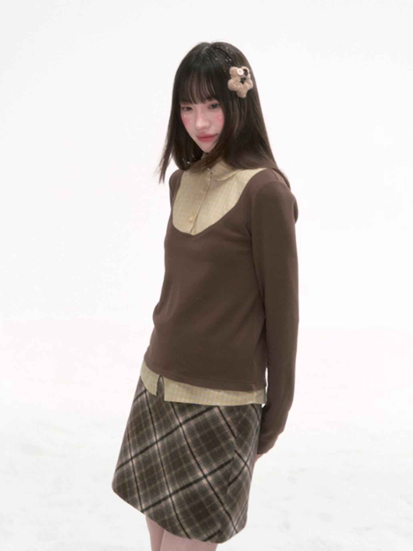 '格间絮语' Vintage Plaid Patchwork Knit Top – Brown/Yellow & Gray/Blue
