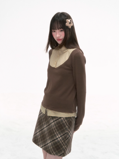 '格间絮语' Vintage Plaid Patchwork Knit Top – Brown/Yellow & Gray/Blue
