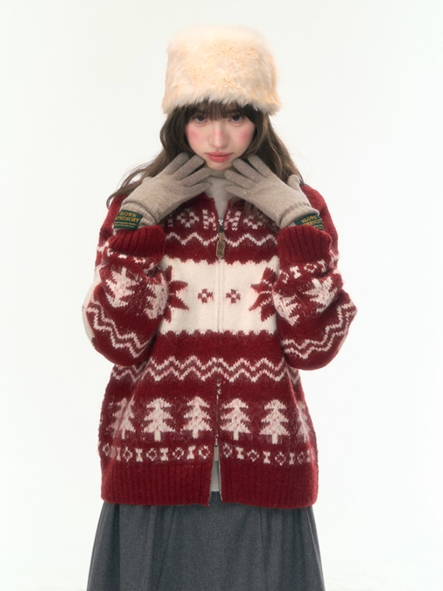 "Fluffy Snowtone" Vintage Red Holiday Knit Cardigan LL2025305