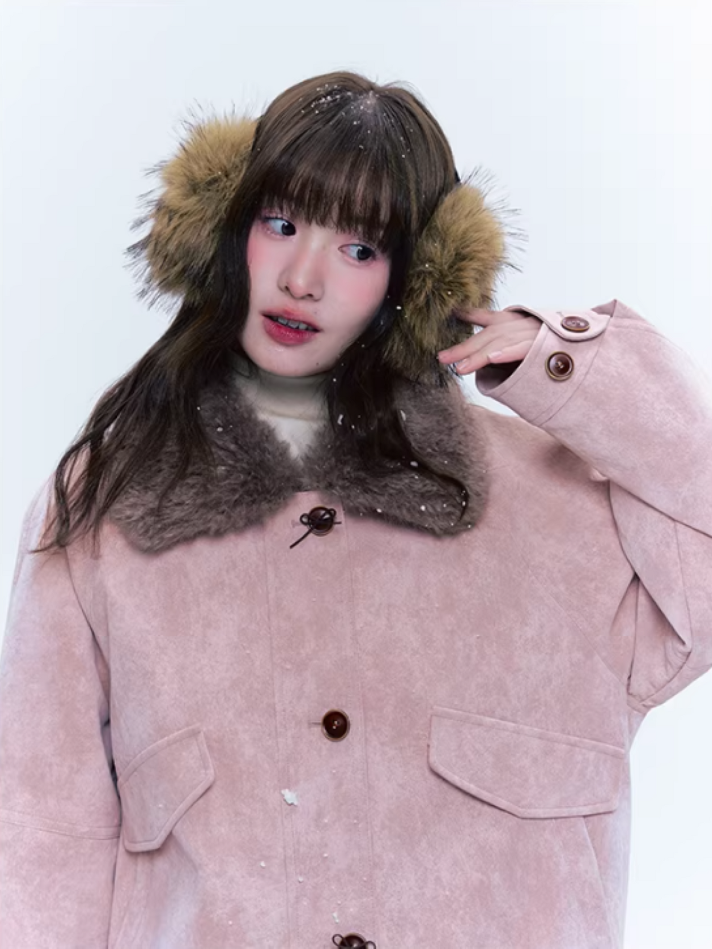 CREAMO2奶油氧气 - Peach Mist Detachable Fur-Collar Faux Suede Padded Jacket
