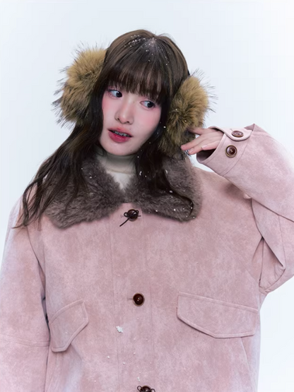 CREAMO2奶油氧气 - Peach Mist Detachable Fur-Collar Faux Suede Padded Jacket