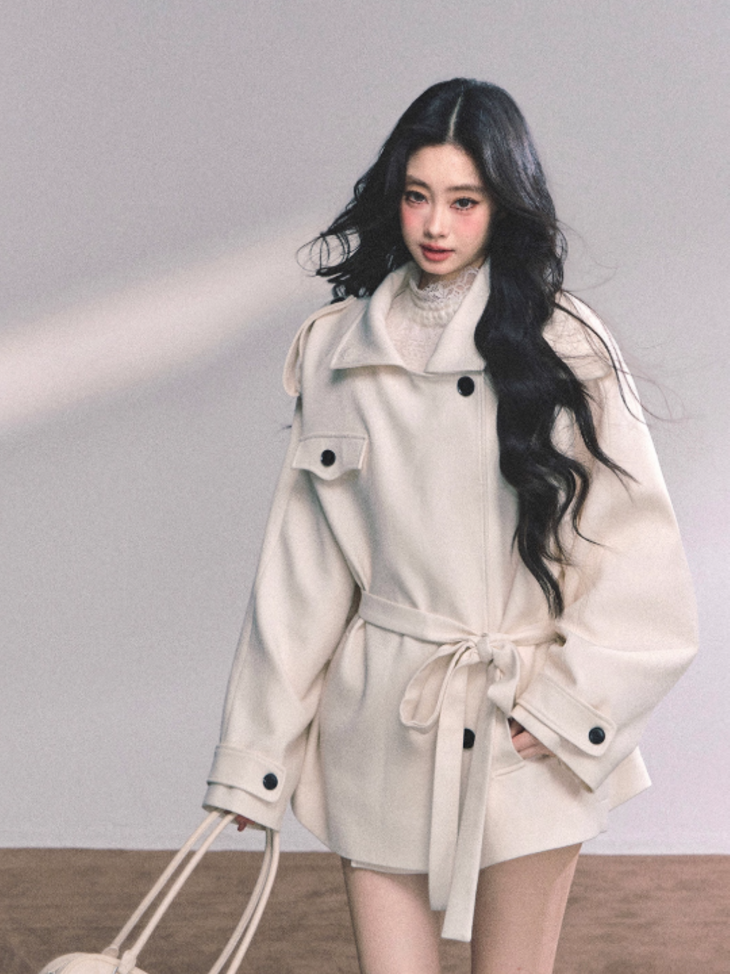 少也眼 British-Inspired Loose Wool-Blend Trench Coat