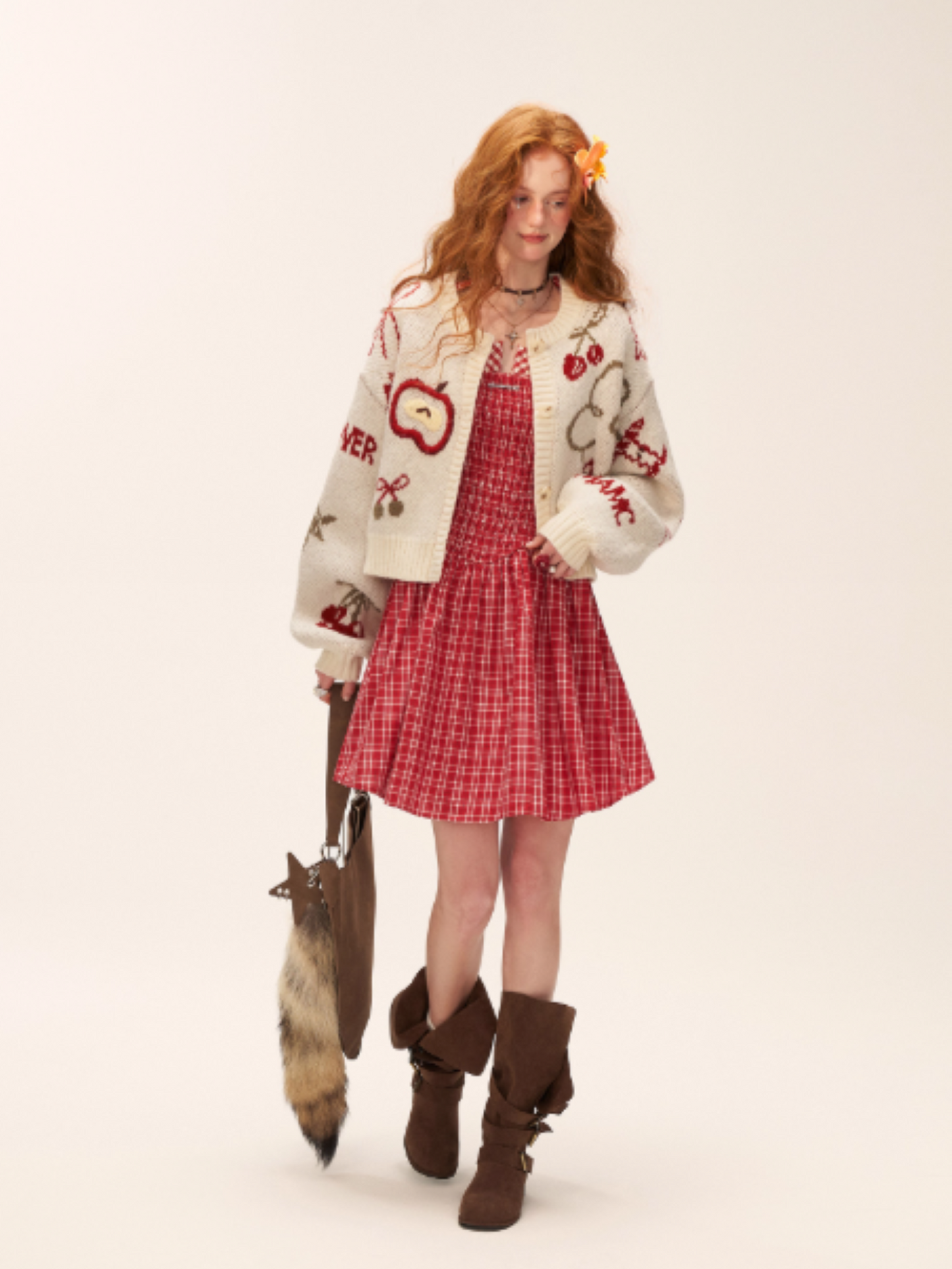 White Knit Cardigan with Apple & Cherry Embroidery WE751