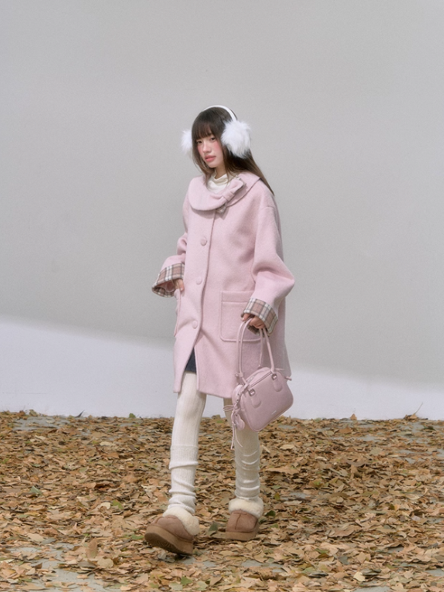 "樱格恋语" Sakura Pink A-Line Wool Coat with Oversized Bow
