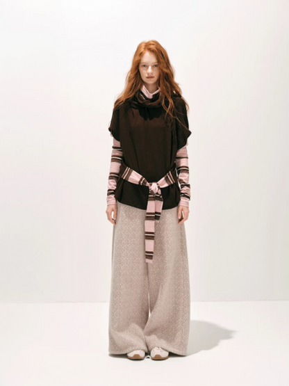 "粉色巧克力" Layered Mock-Neck Knit Top in Pink & Chocolate