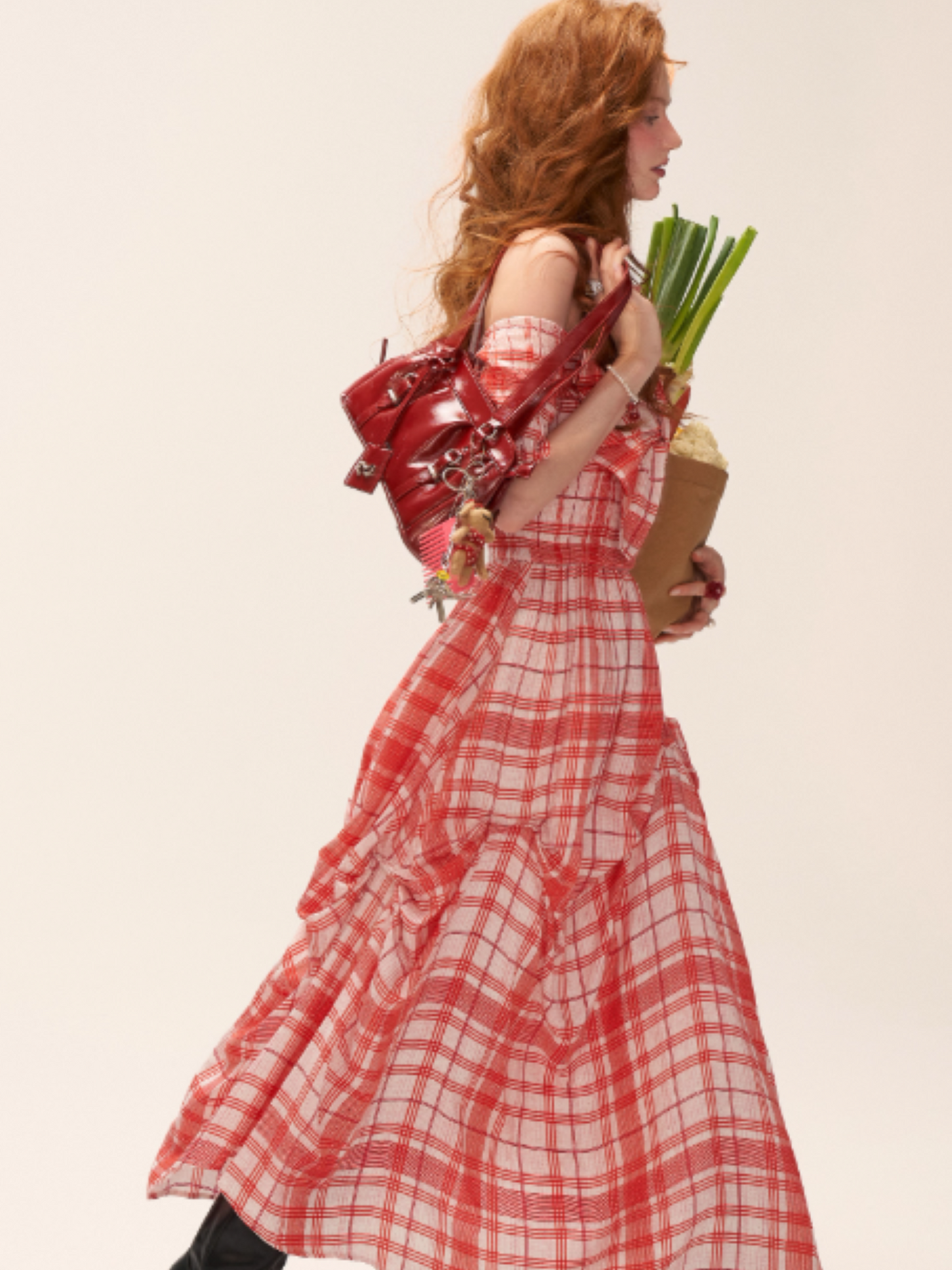 MAMC - Red Plaid Bow Maxi Dress – Off-Shoulder Waist-Cinched Vacation Outfit