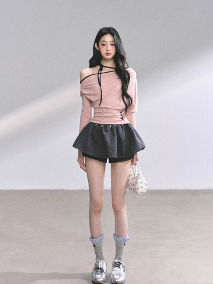 少也眼 K-pop Trainee Off-Shoulder Halter Long Sleeve Top (Pink)
