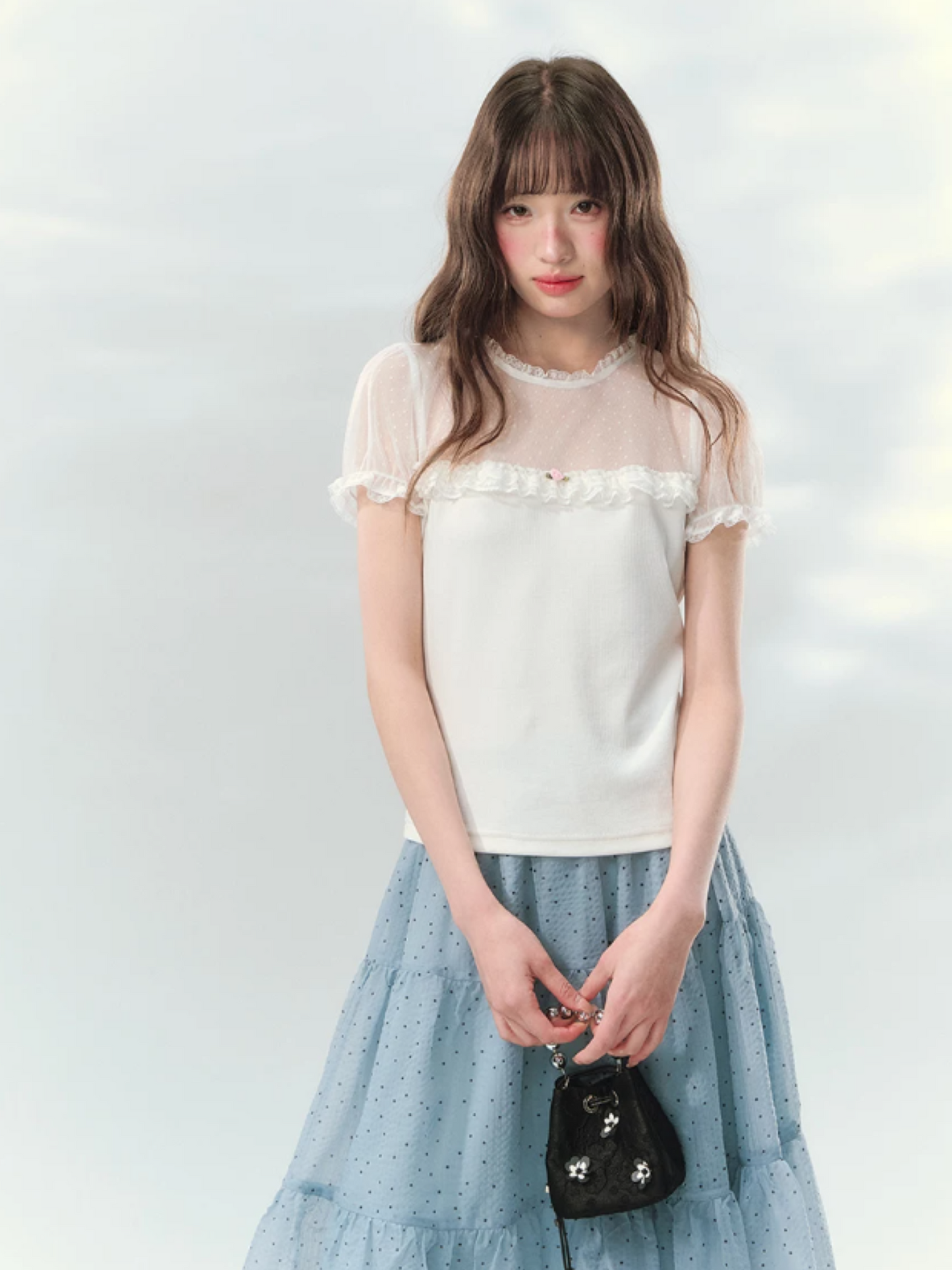 “Soft Candy Stardust” Lace Mesh Puff Sleeve Tee  LL2026149