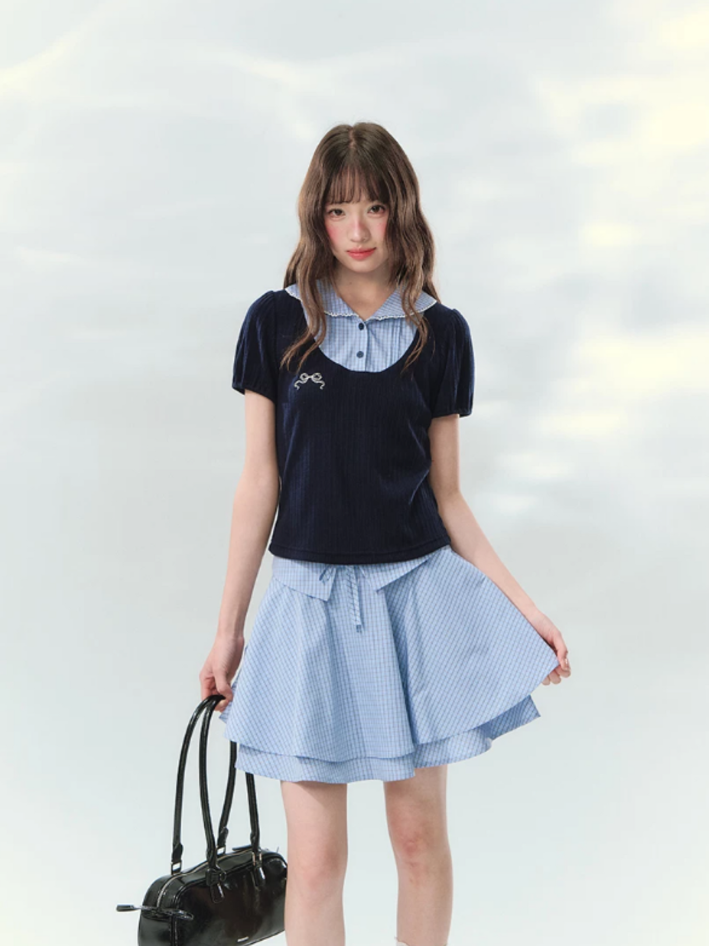 “Milk Candy Academy” Navy Plaid Collar Skirt Set LL2026147