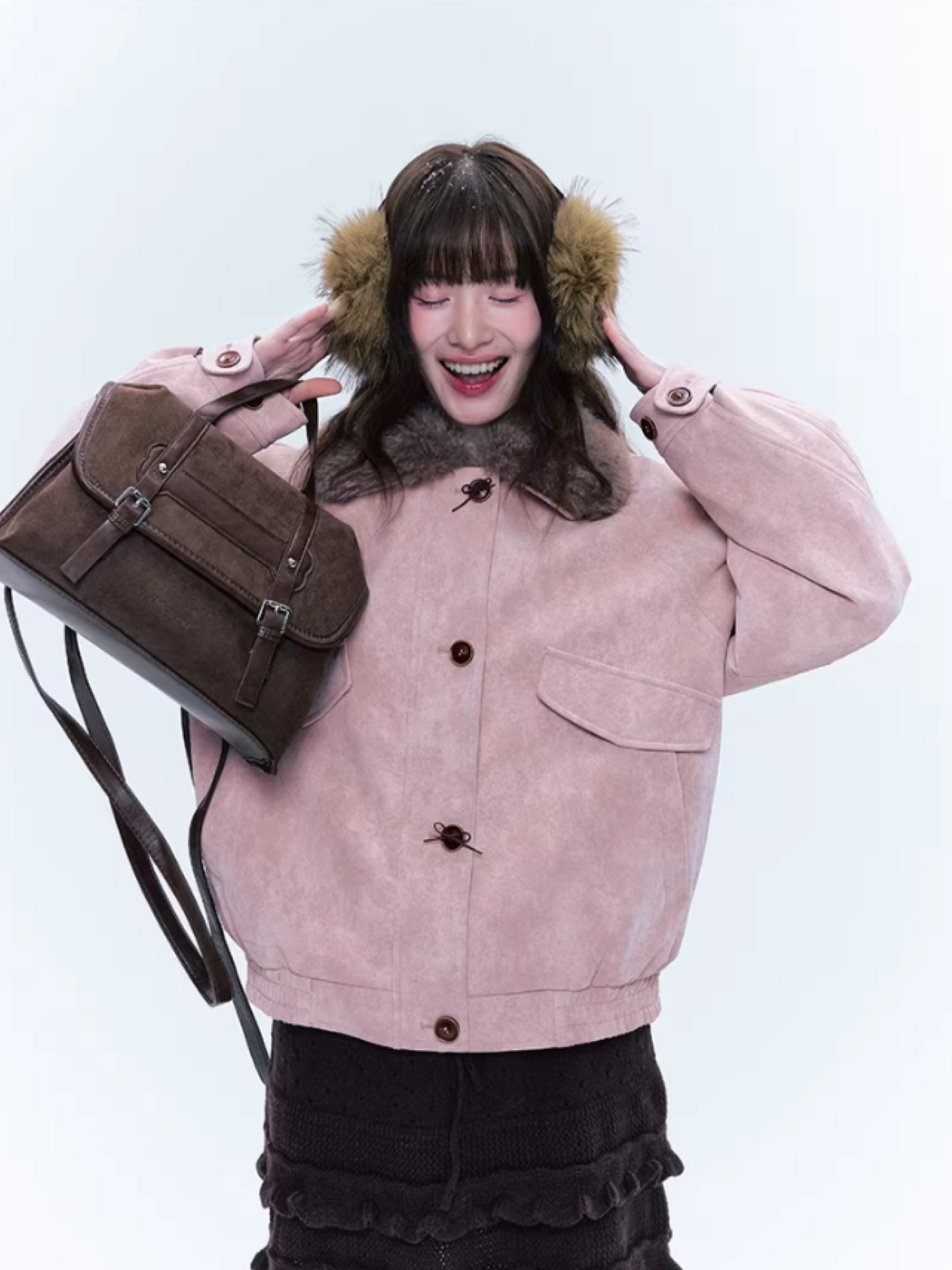 CREAMO2奶油氧气 - Peach Mist Detachable Fur-Collar Faux Suede Padded Jacket