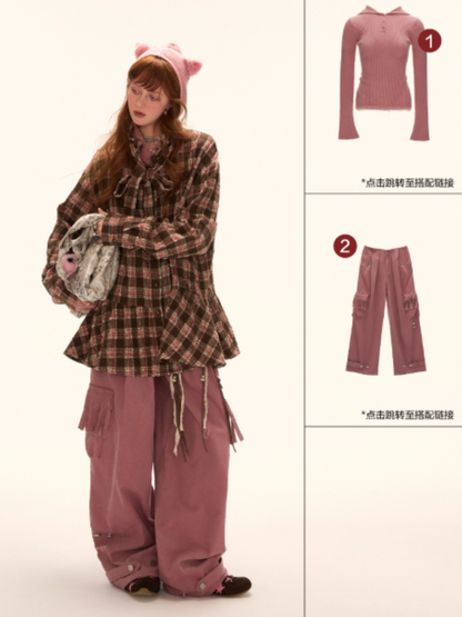 MAMC - Brown Bow Plaid Shirt Dress