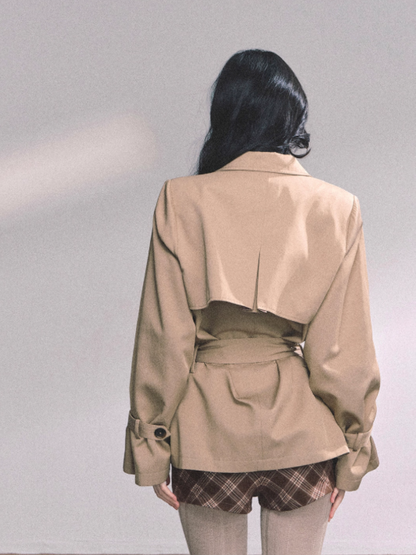 少也眼 Khaki Loose-Fit Jacket with Brown Skirt-Shorts Set