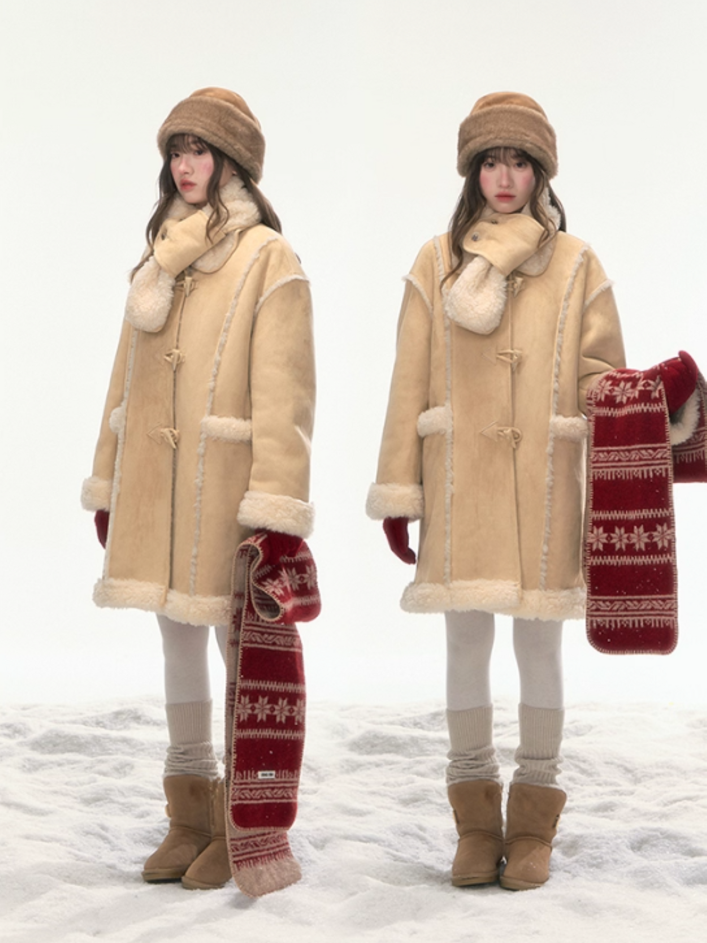 "Snowmist Forest" Suede Mid-Length Detachable-Scarf Coat LL2025459