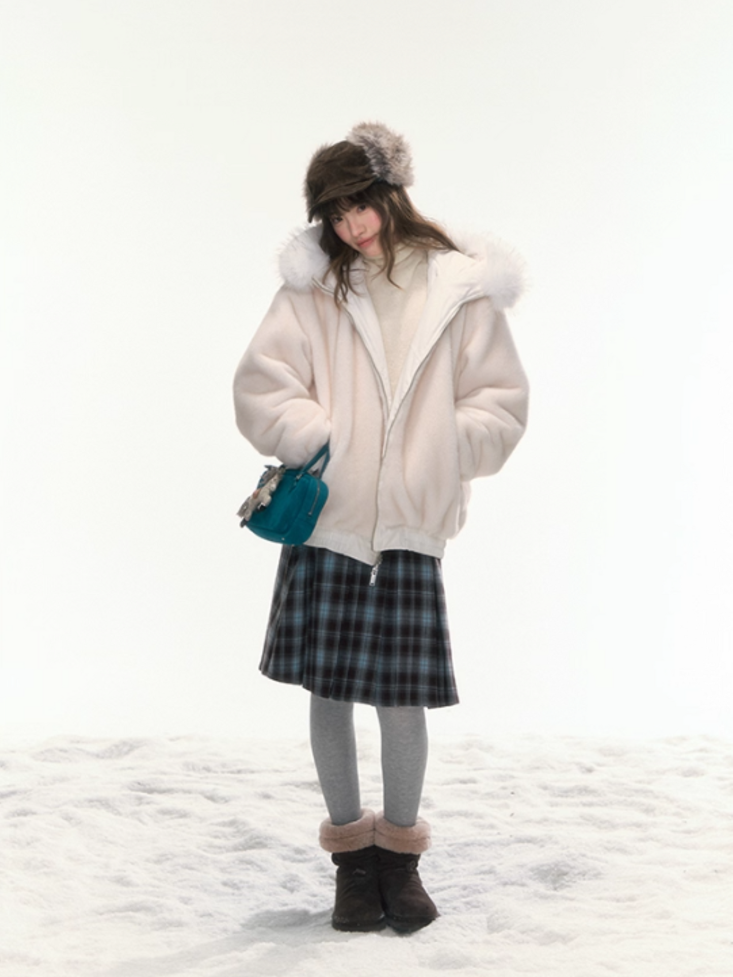 "Dreamscape" White Reversible Faux-Fur Aviator Jacket LL2025474